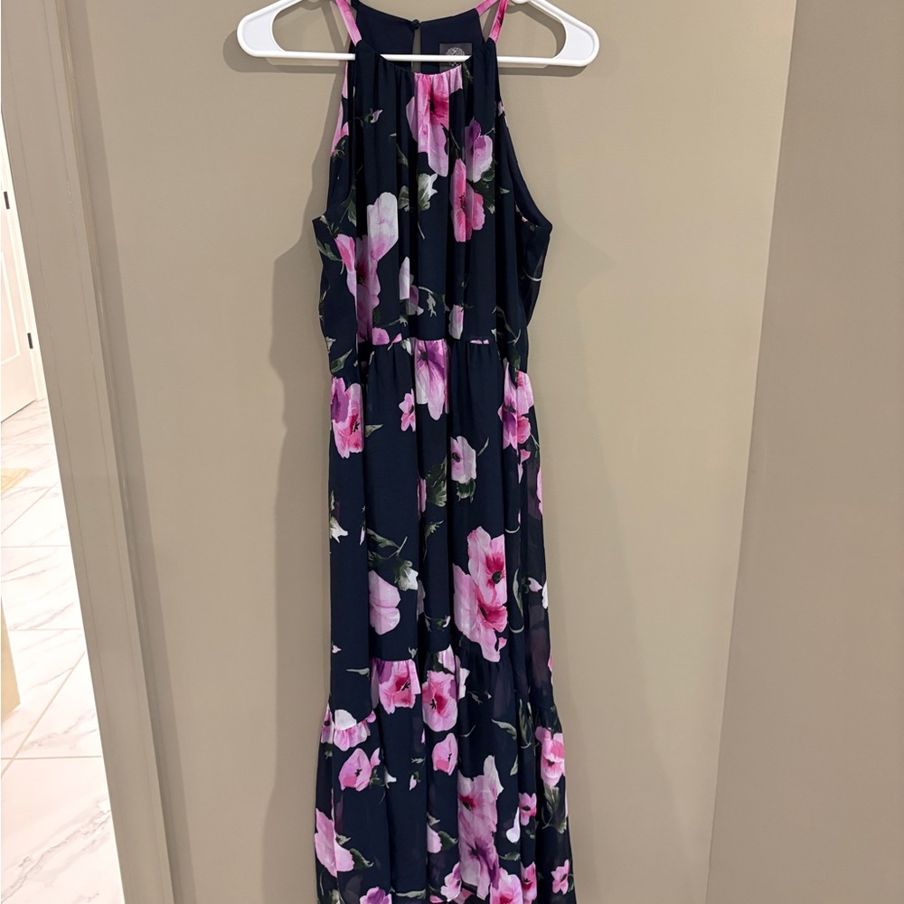 Vince Camuto Navy Halter Maxi Dress with Pink Floral Print